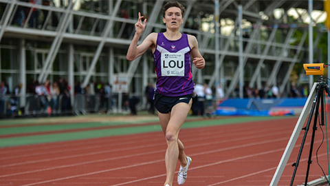 Jake Wightman at Loughborough International wearing the African Violet vest